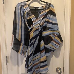 WHBM Flowy Blue Geometric Style Dress, Medium Petite